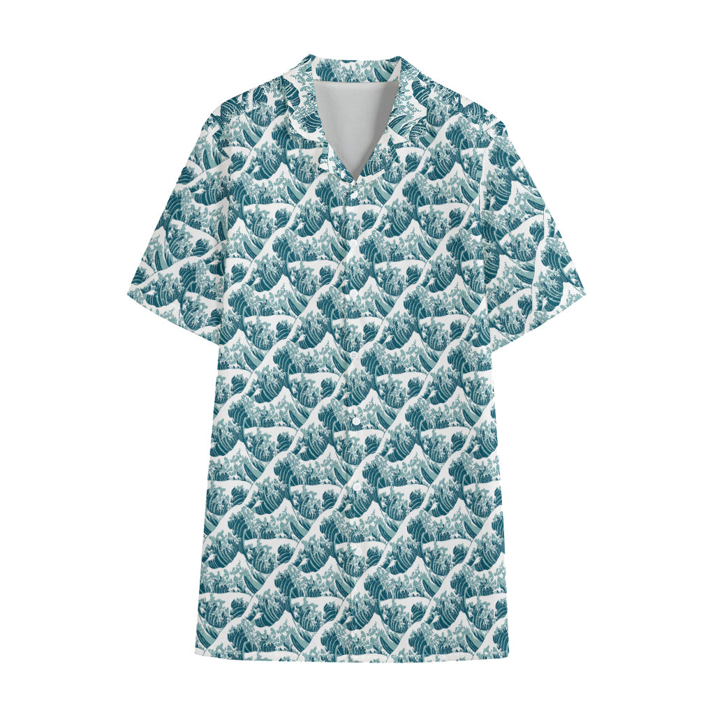Japanese Kanagawa Wave Pattern Print Cotton Hawaiian Shirt