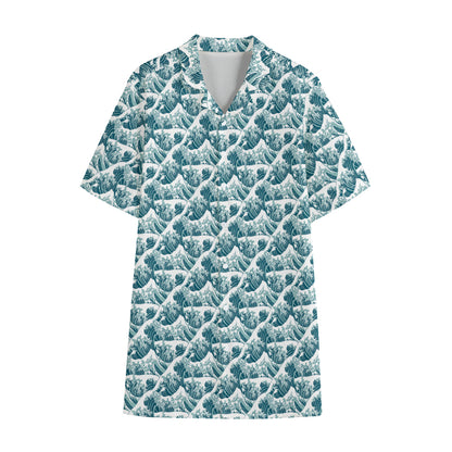 Japanese Kanagawa Wave Pattern Print Cotton Hawaiian Shirt