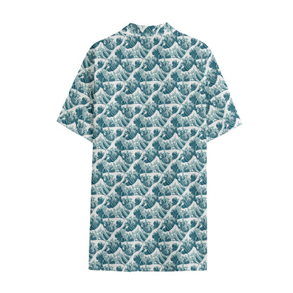 Japanese Kanagawa Wave Pattern Print Cotton Hawaiian Shirt