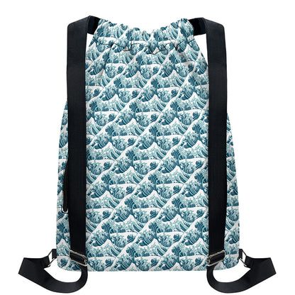 Japanese Kanagawa Wave Pattern Print Drawstring Backpack