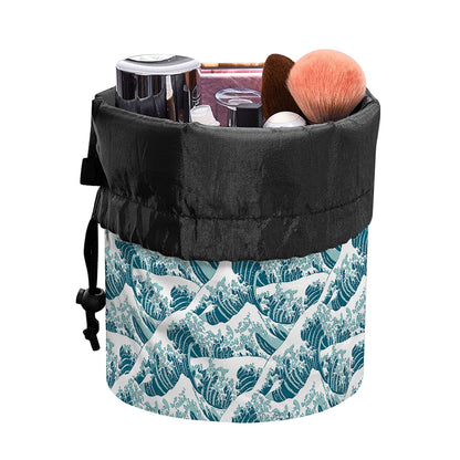Japanese Kanagawa Wave Pattern Print Drawstring Makeup Bag