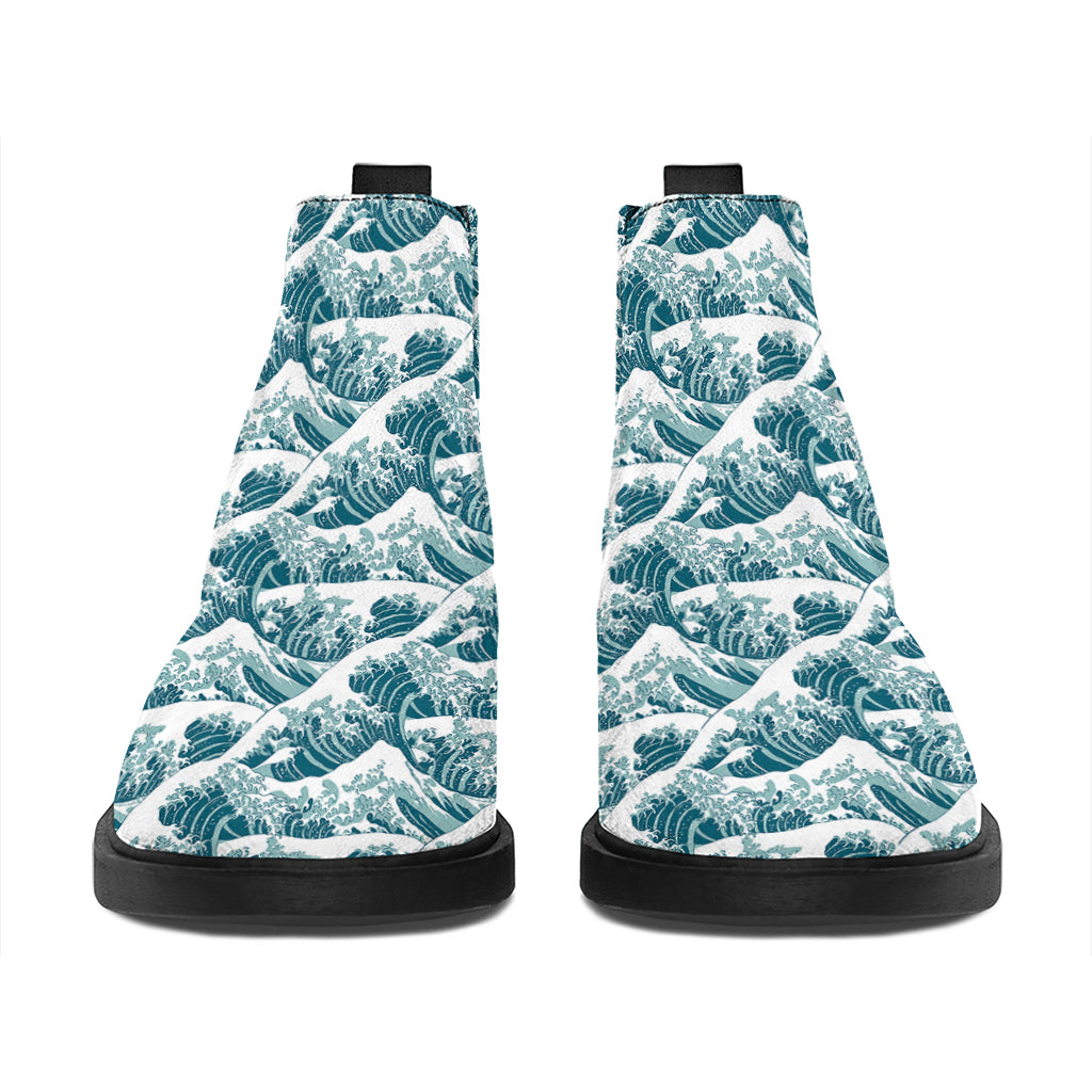 Japanese Kanagawa Wave Pattern Print Flat Ankle Boots