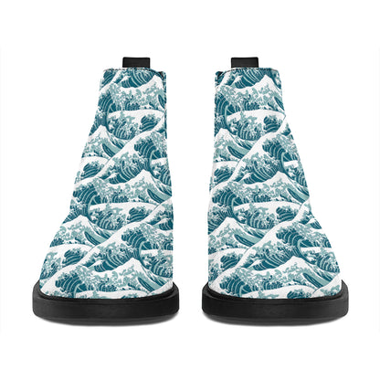 Japanese Kanagawa Wave Pattern Print Flat Ankle Boots