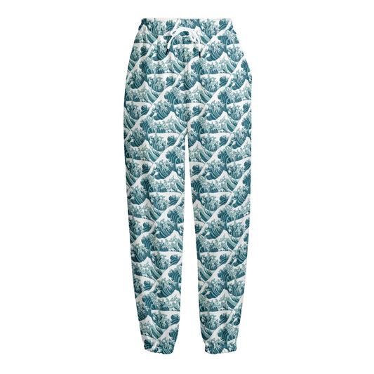 Japanese Kanagawa Wave Pattern Print Fleece Lined Knit Pants