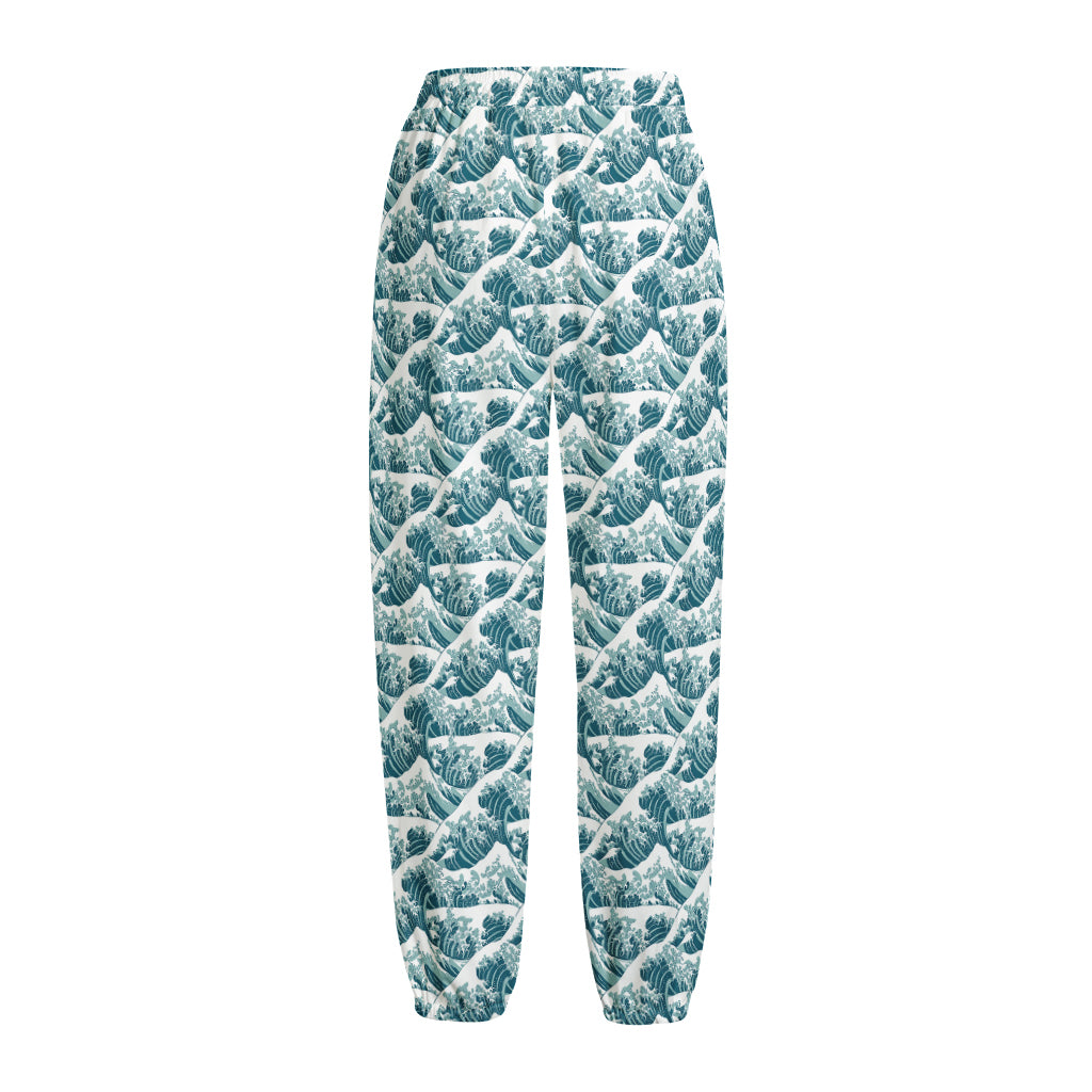 Japanese Kanagawa Wave Pattern Print Fleece Lined Knit Pants