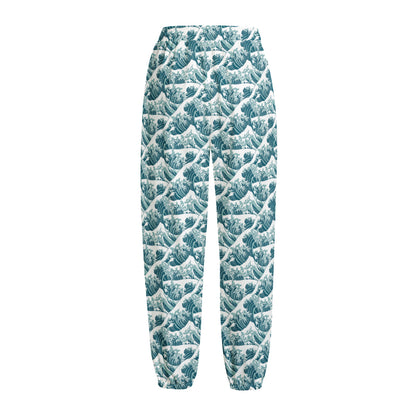 Japanese Kanagawa Wave Pattern Print Fleece Lined Knit Pants