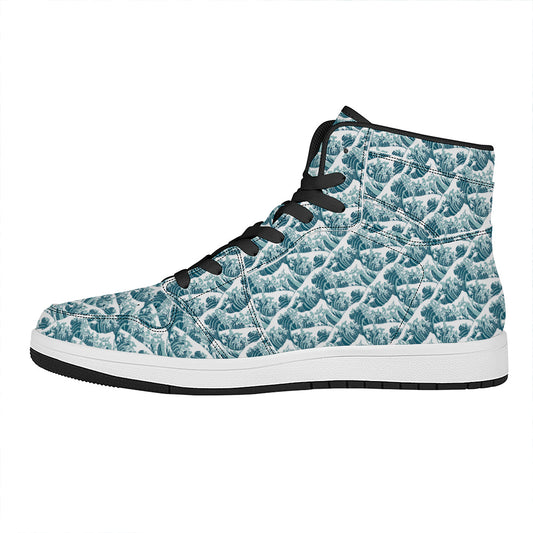Japanese Kanagawa Wave Pattern Print High Top Leather Sneakers