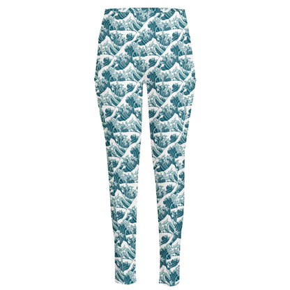 Japanese Kanagawa Wave Pattern Print High-Waisted Pocket Leggings