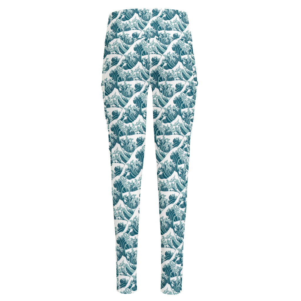 Japanese Kanagawa Wave Pattern Print High-Waisted Pocket Leggings