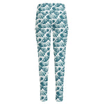 Japanese Kanagawa Wave Pattern Print High-Waisted Pocket Leggings