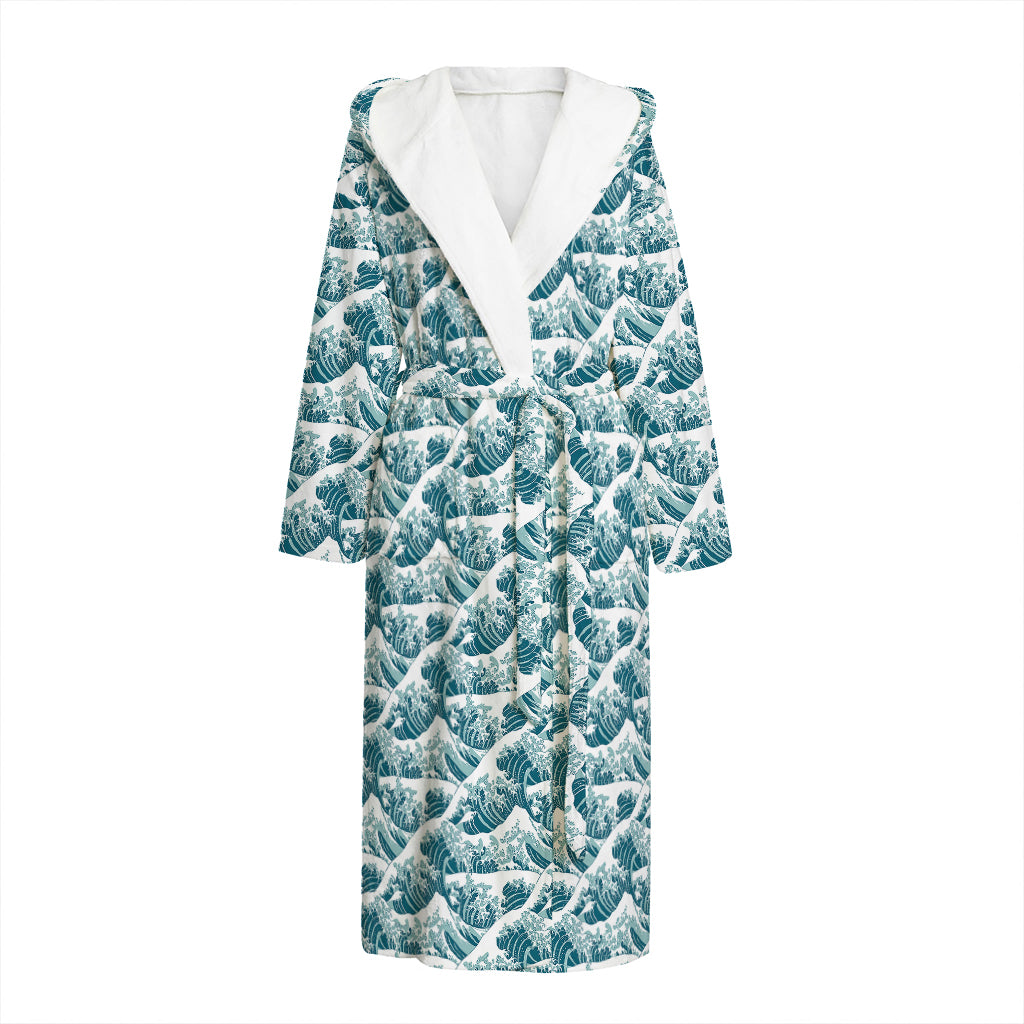 Japanese Kanagawa Wave Pattern Print Hooded Bathrobe