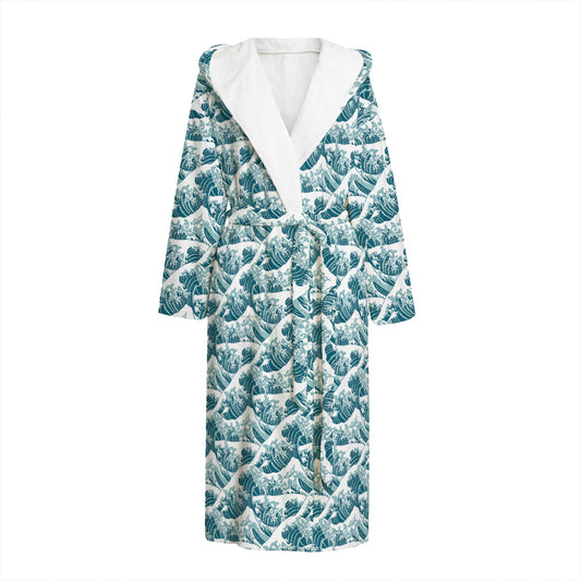 Japanese Kanagawa Wave Pattern Print Hooded Bathrobe