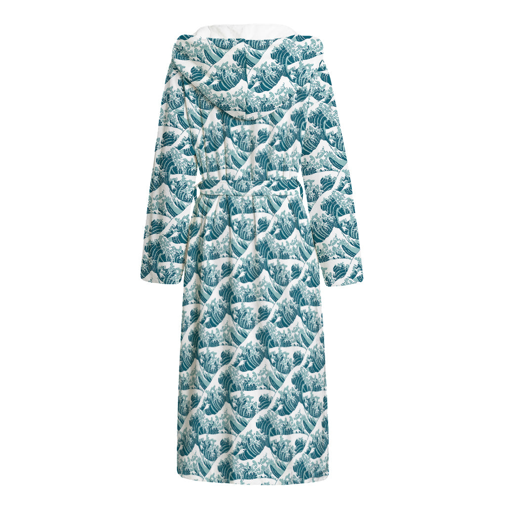 Japanese Kanagawa Wave Pattern Print Hooded Bathrobe