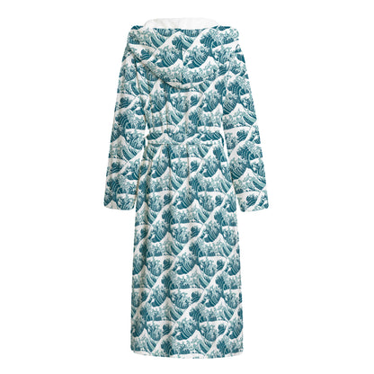 Japanese Kanagawa Wave Pattern Print Hooded Bathrobe