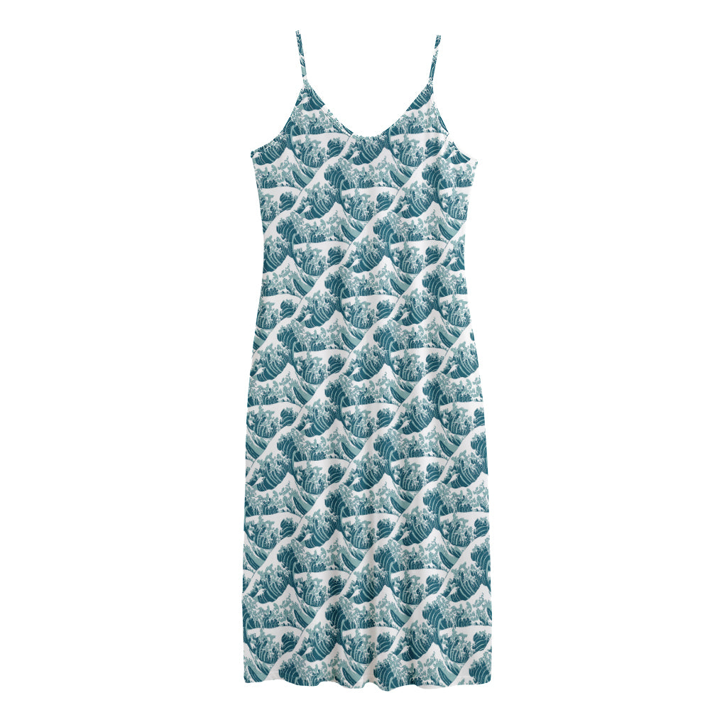 Japanese Kanagawa Wave Pattern Print Jersey Midi Cami Dress