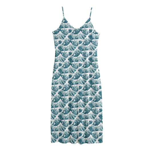 Japanese Kanagawa Wave Pattern Print Jersey Midi Cami Dress