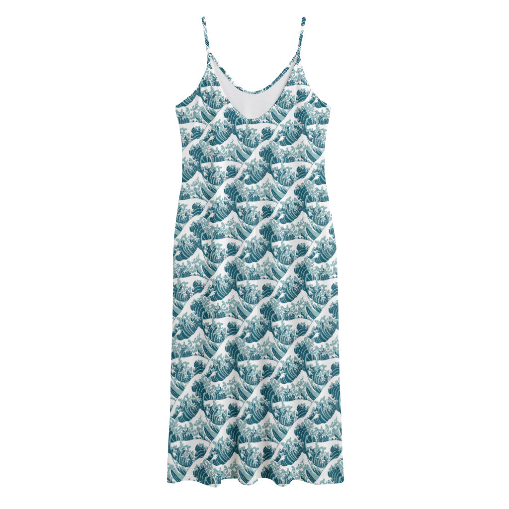 Japanese Kanagawa Wave Pattern Print Jersey Midi Cami Dress