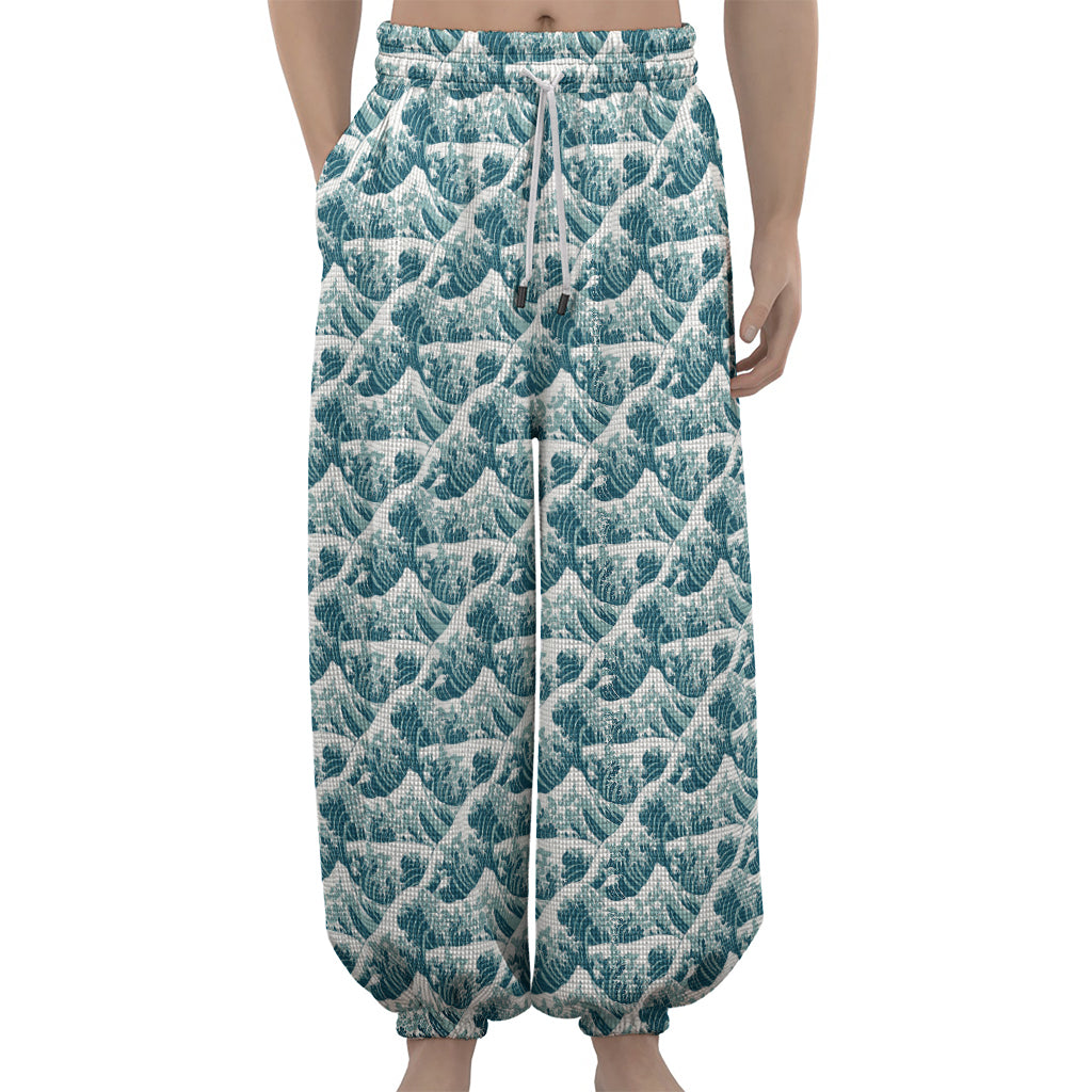 Japanese Kanagawa Wave Pattern Print Lantern Pants