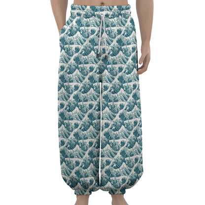 Japanese Kanagawa Wave Pattern Print Lantern Pants
