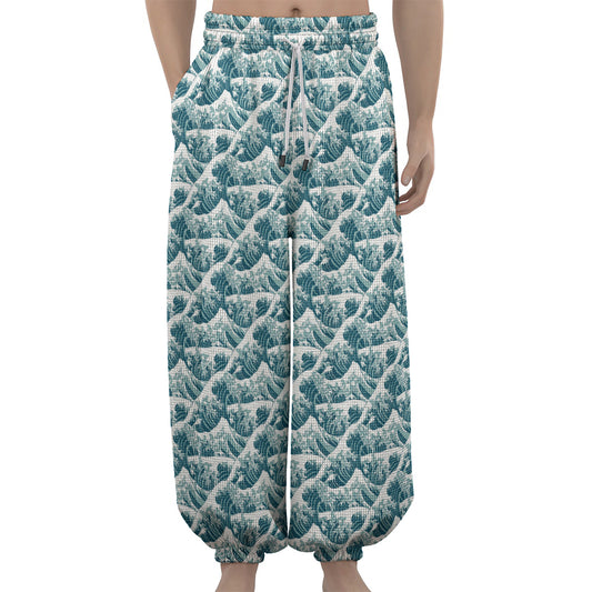 Japanese Kanagawa Wave Pattern Print Lantern Pants