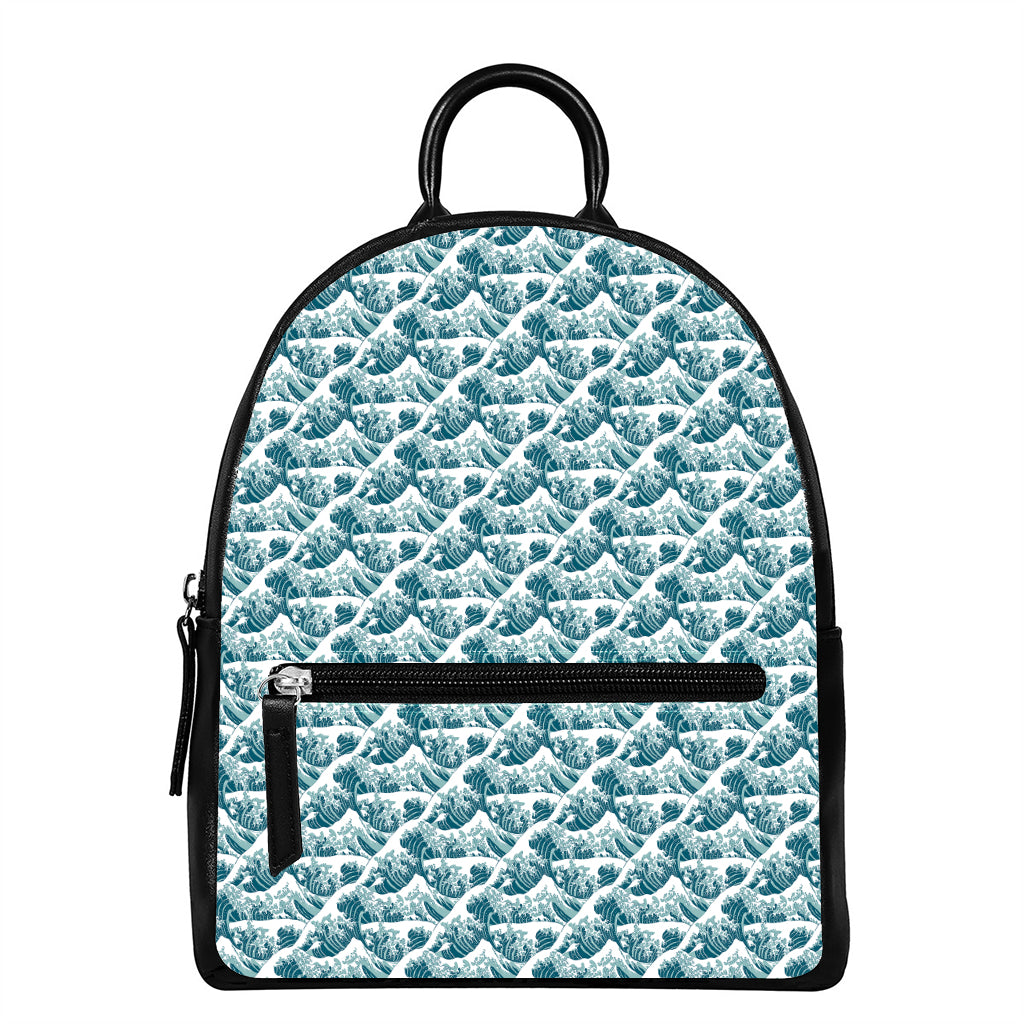 Japanese Kanagawa Wave Pattern Print Leather Backpack