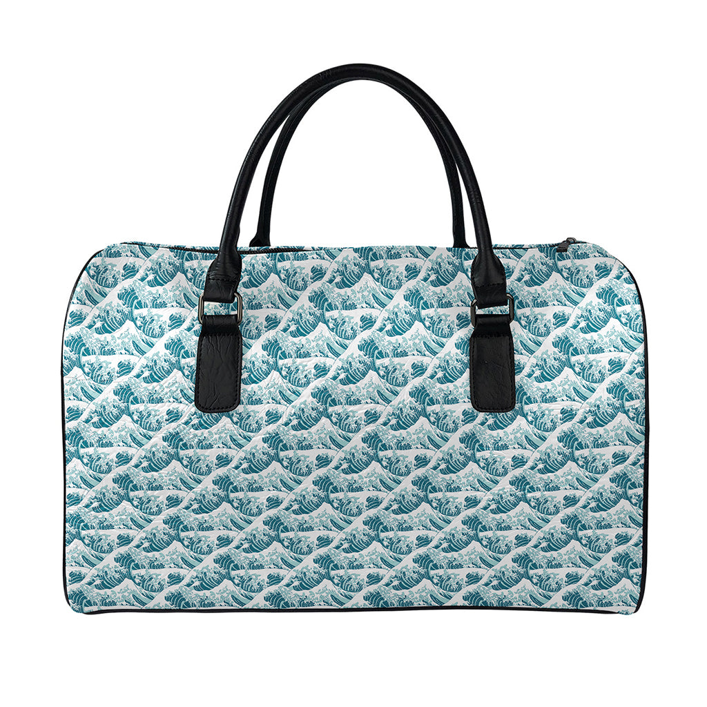 Japanese Kanagawa Wave Pattern Print Leather Duffle Bag