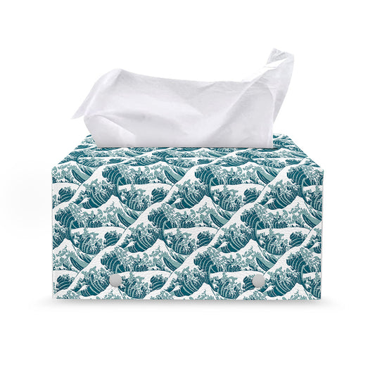 Japanese Kanagawa Wave Pattern Print Leather Tissue Box Cover
