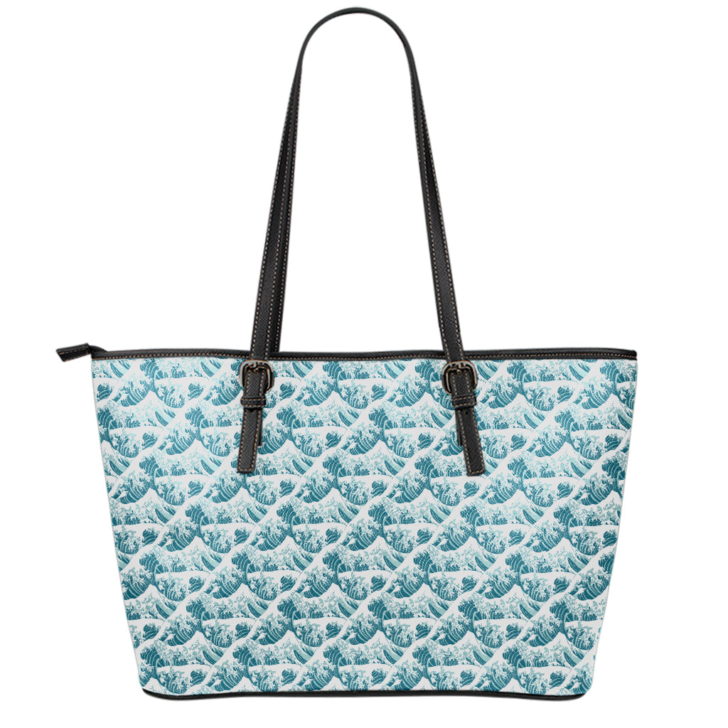 Japanese Kanagawa Wave Pattern Print Leather Tote Bag