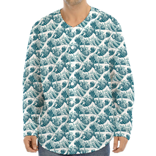Japanese Kanagawa Wave Pattern Print Long Sleeve Baseball Jersey