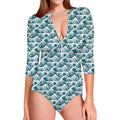 Japanese Kanagawa Wave Pattern Print Long Sleeve Swimsuit