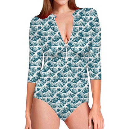 Japanese Kanagawa Wave Pattern Print Long Sleeve Swimsuit