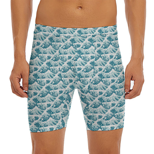 Japanese Kanagawa Wave Pattern Print Men's Long Boxer Briefs