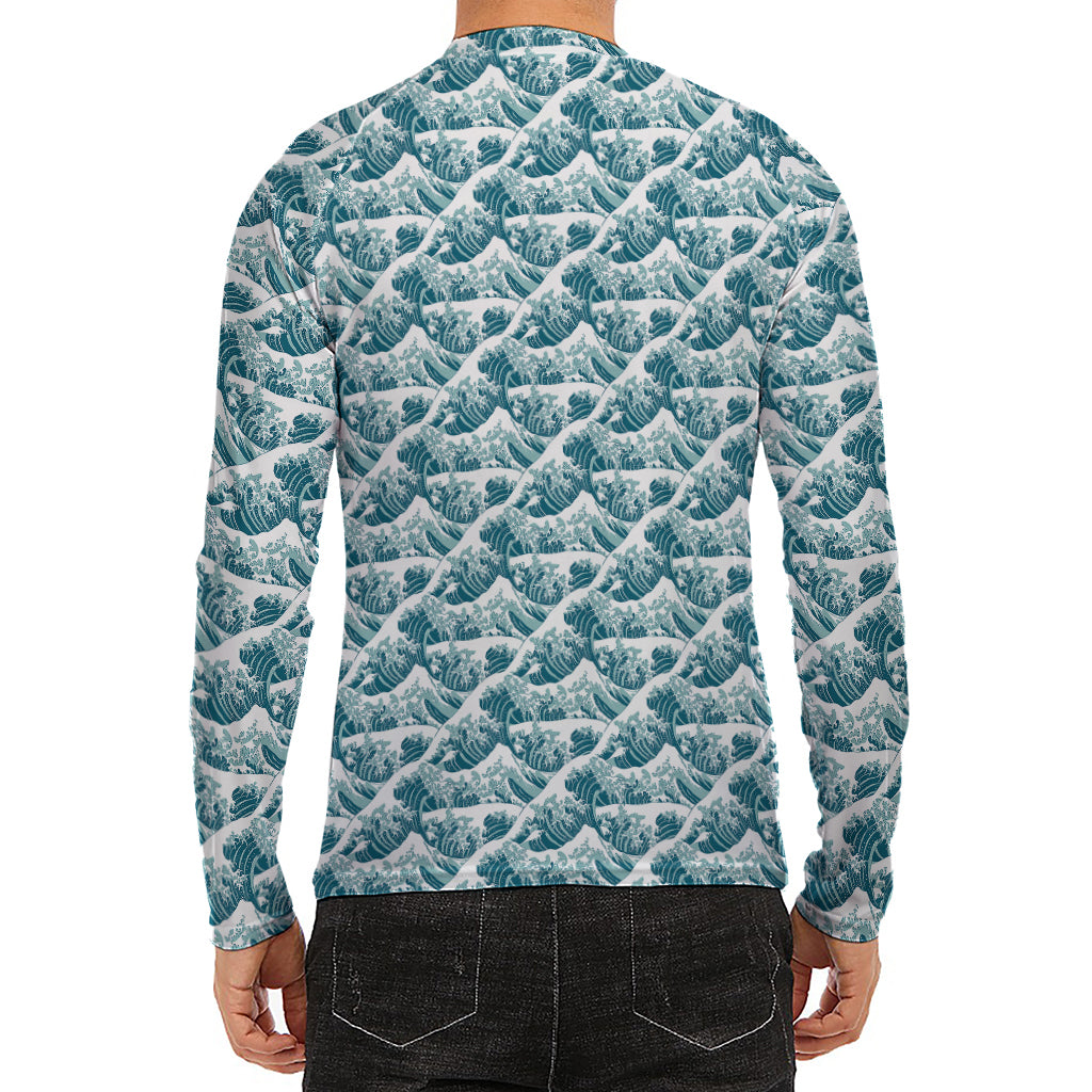 Japanese Kanagawa Wave Pattern Print Men's Long Sleeve Rash Guard