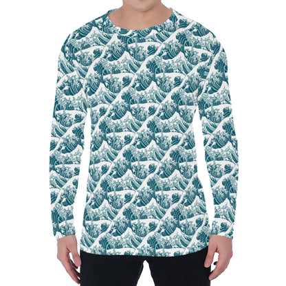 Japanese Kanagawa Wave Pattern Print Men's Long Sleeve T-Shirt