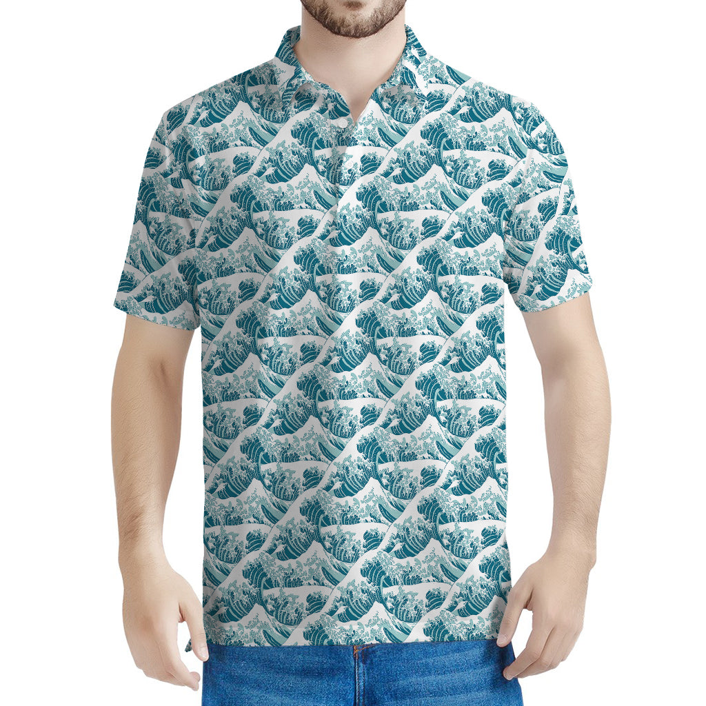 Japanese Kanagawa Wave Pattern Print Men's Polo Shirt