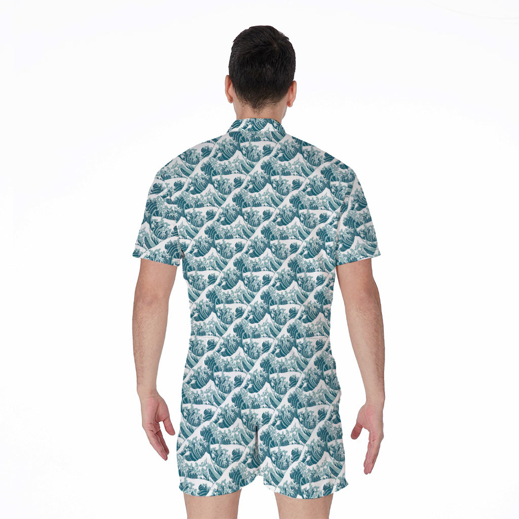 Japanese Kanagawa Wave Pattern Print Men's Rompers