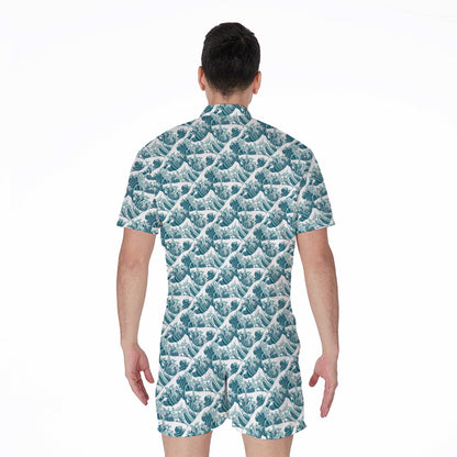 Japanese Kanagawa Wave Pattern Print Men's Rompers