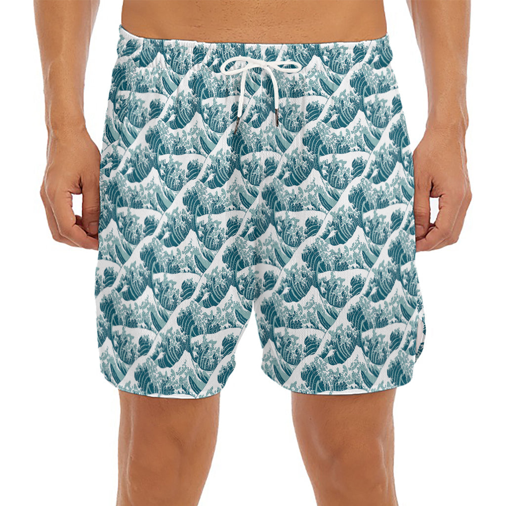 Japanese Kanagawa Wave Pattern Print Men's Split Running Shorts