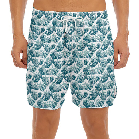 Japanese Kanagawa Wave Pattern Print Men's Split Running Shorts