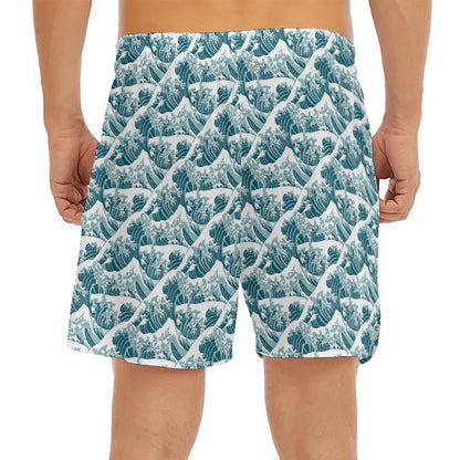 Japanese Kanagawa Wave Pattern Print Men's Split Running Shorts
