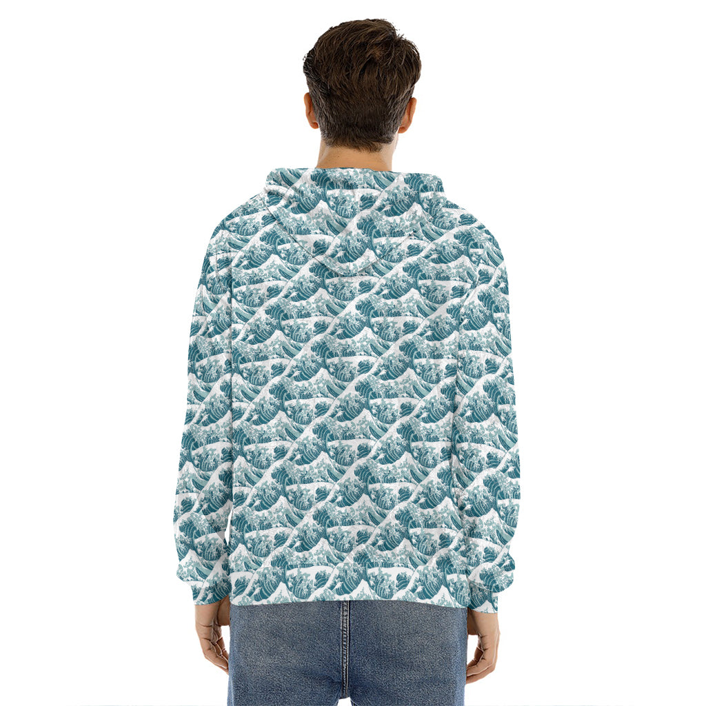 Japanese Kanagawa Wave Pattern Print Men's Velvet Pullover Hoodie