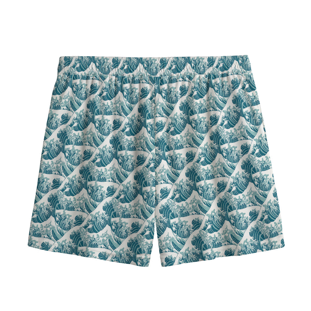 Japanese Kanagawa Wave Pattern Print Mesh Shorts