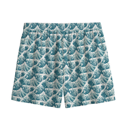 Japanese Kanagawa Wave Pattern Print Mesh Shorts