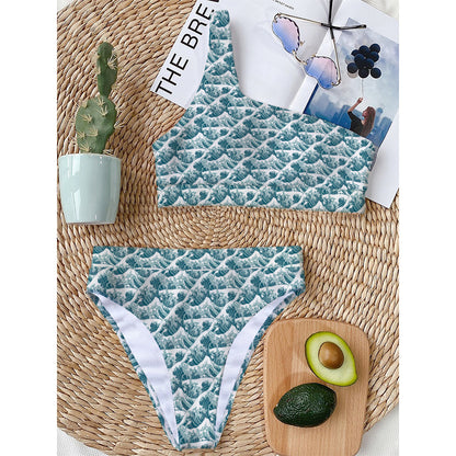 Japanese Kanagawa Wave Pattern Print One Shoulder Bikini Top