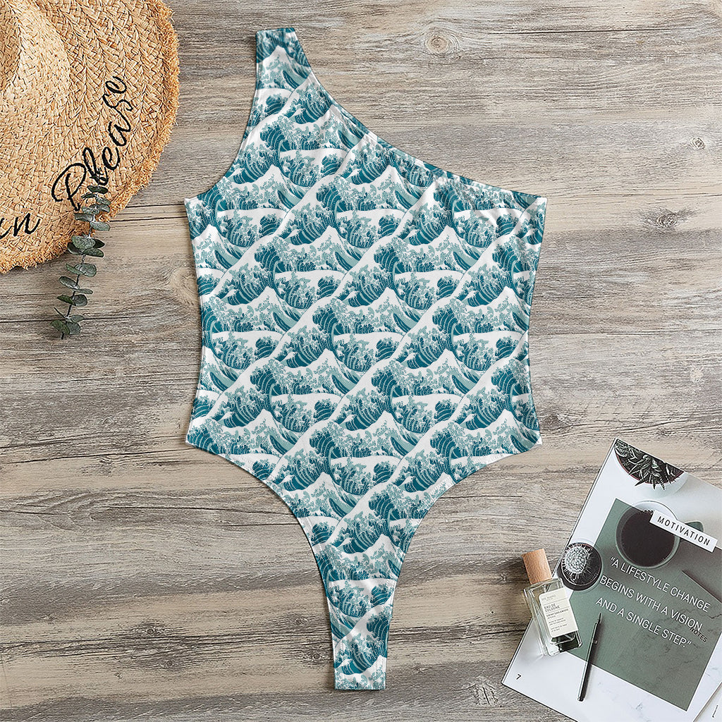 Japanese Kanagawa Wave Pattern Print One Shoulder Bodysuit