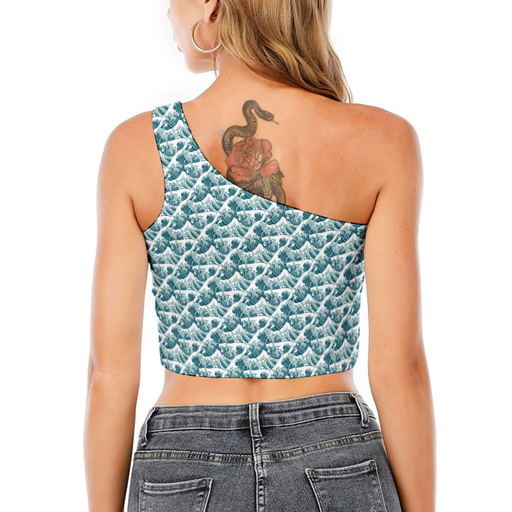 Japanese Kanagawa Wave Pattern Print One Shoulder Crop Top