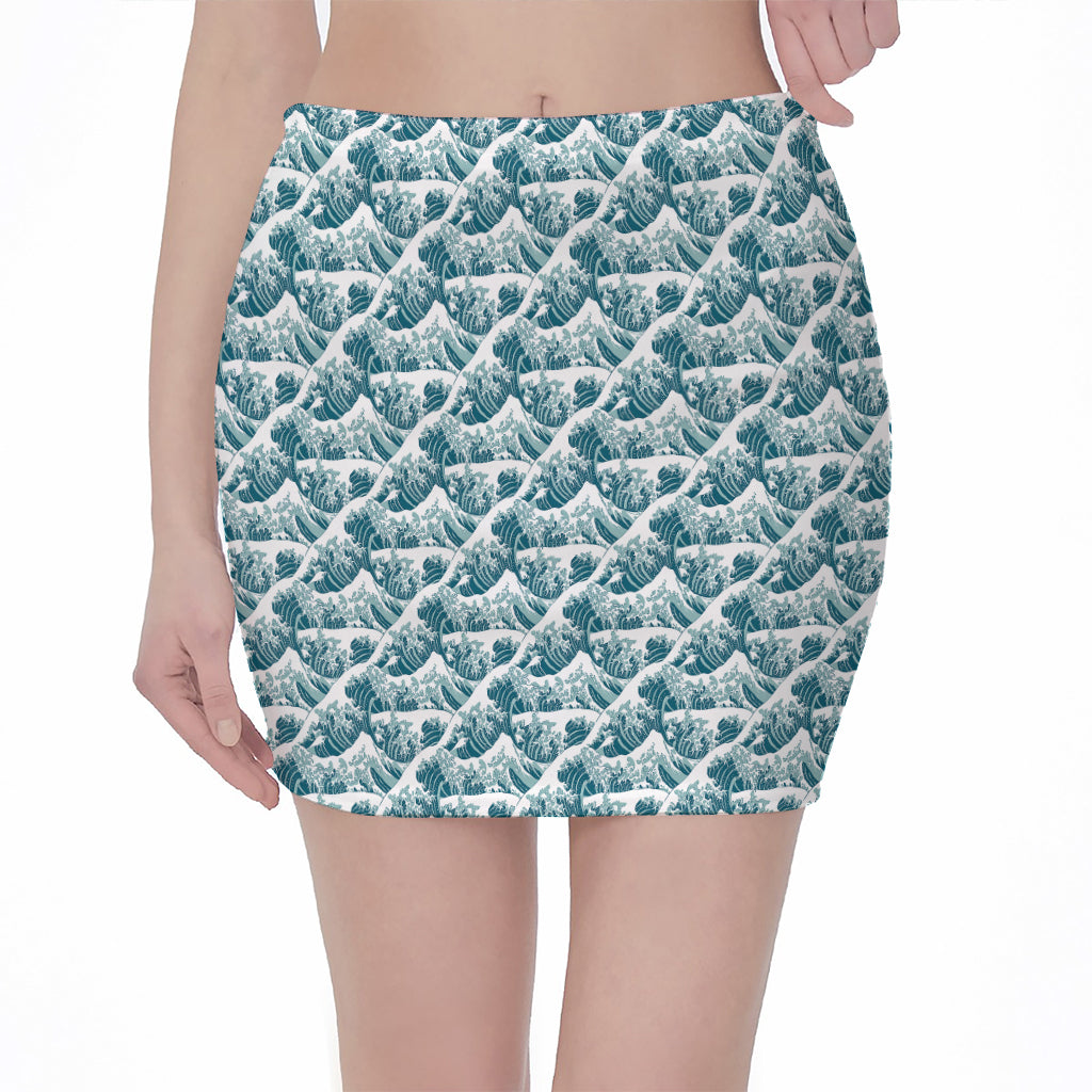 Japanese Kanagawa Wave Pattern Print Pencil Mini Skirt