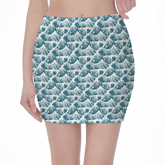 Japanese Kanagawa Wave Pattern Print Pencil Mini Skirt