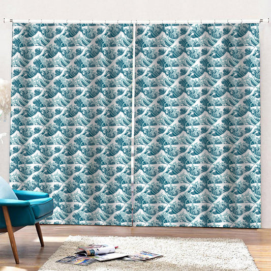 Japanese Kanagawa Wave Pattern Print Pencil Pleat Curtains