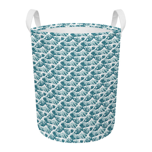 Japanese Kanagawa Wave Pattern Print Round Laundry Basket